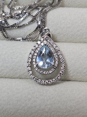14k White Gold Teardrop Aqumarine And White Sapphire Pendant Necklace